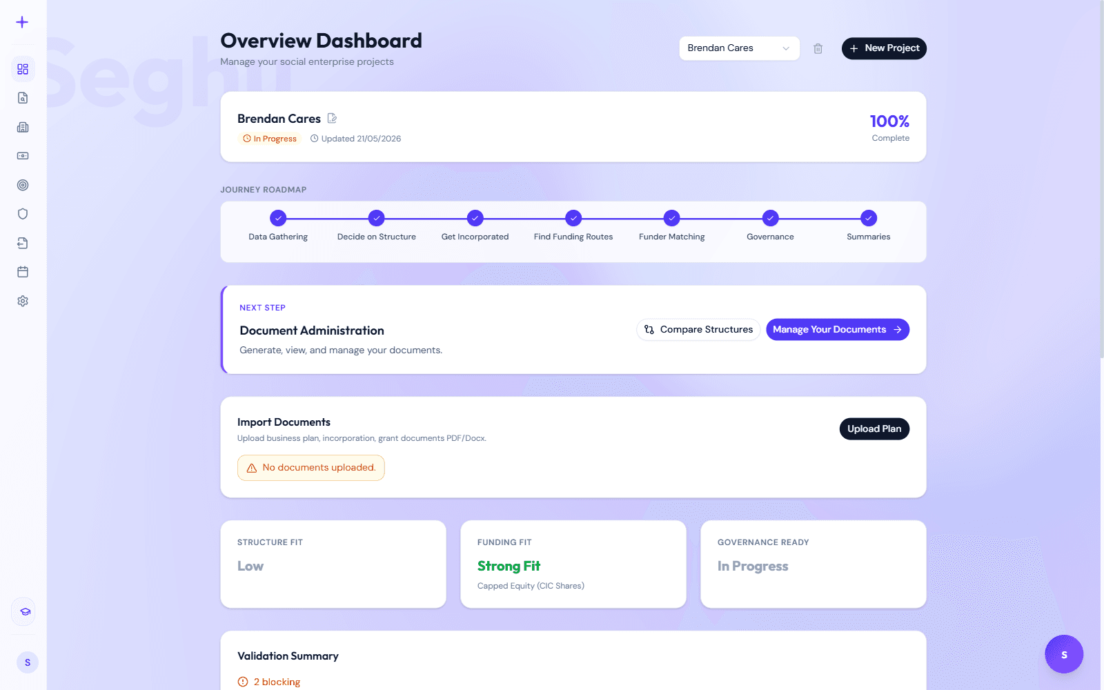 Seghu dashboard showing a founder's journey roadmap with legal structure, funding and governance fit scores